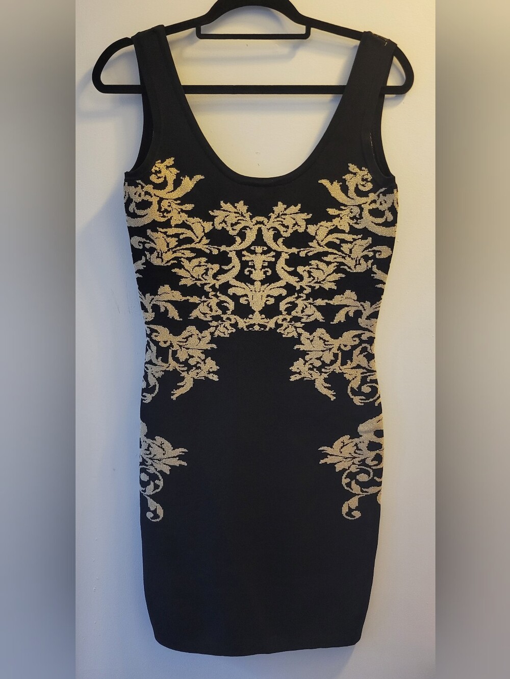 BEDO Black & Gold Baroque Bodycon Cocktail Dress - Size Medium